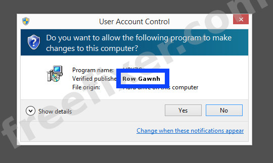 Screenshot where Row Gawnh appears as the verified publisher in the UAC dialog